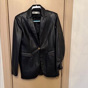 Zara Black Faux Leather Single-Button Blazer